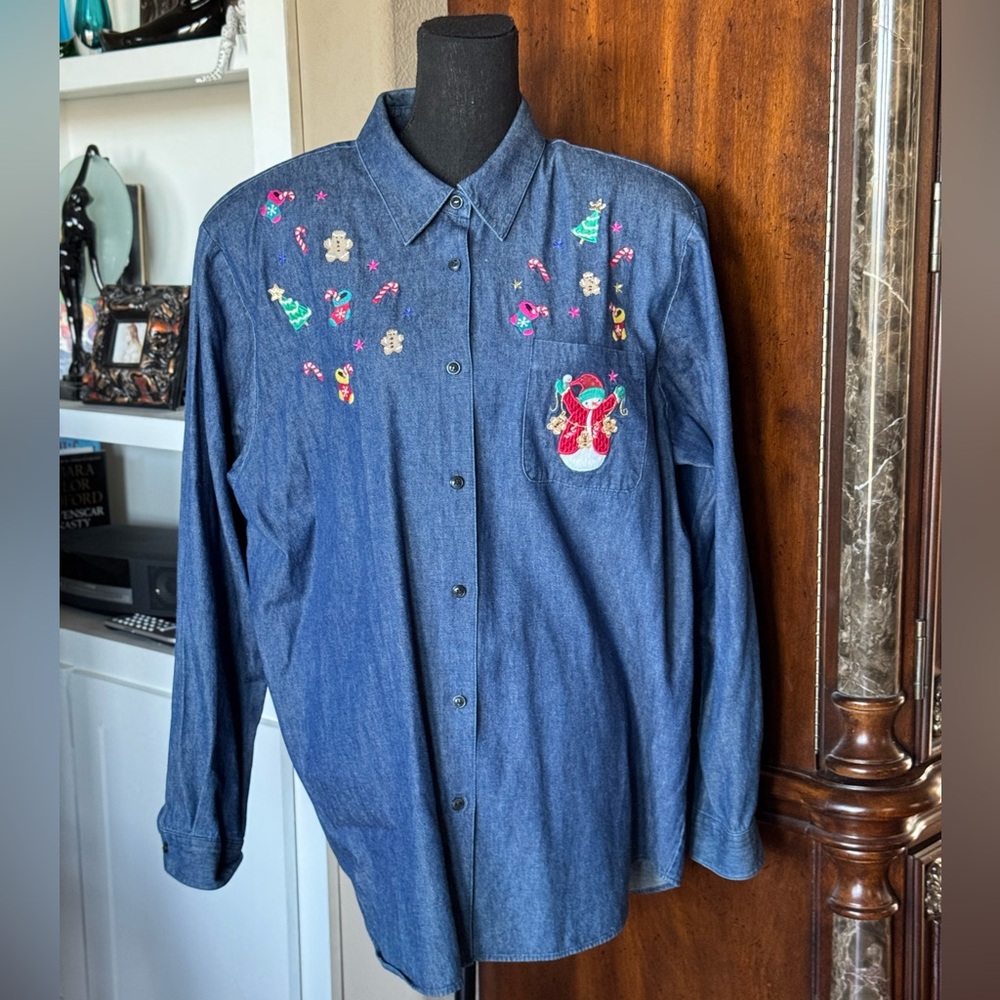 Karen Scott Christmas Embroidered Denim‎ Shirt